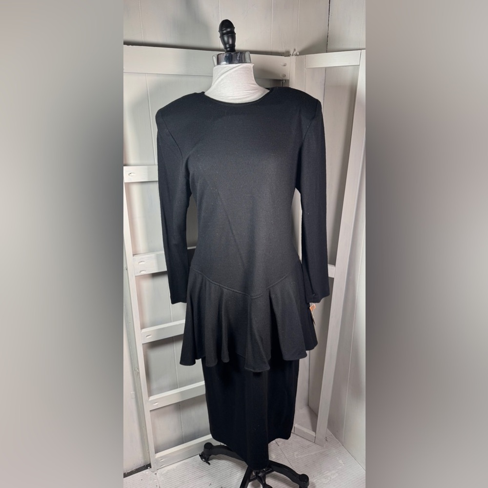 NWT Vtg Act 1 Black 100% Soft Wool Midi Sheath Peplum Dress med For Tall Women